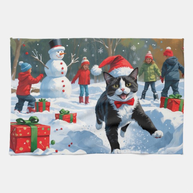 Tuxedo Cat Runin i Snö med julklapp Kökshandduk (Horisontell)