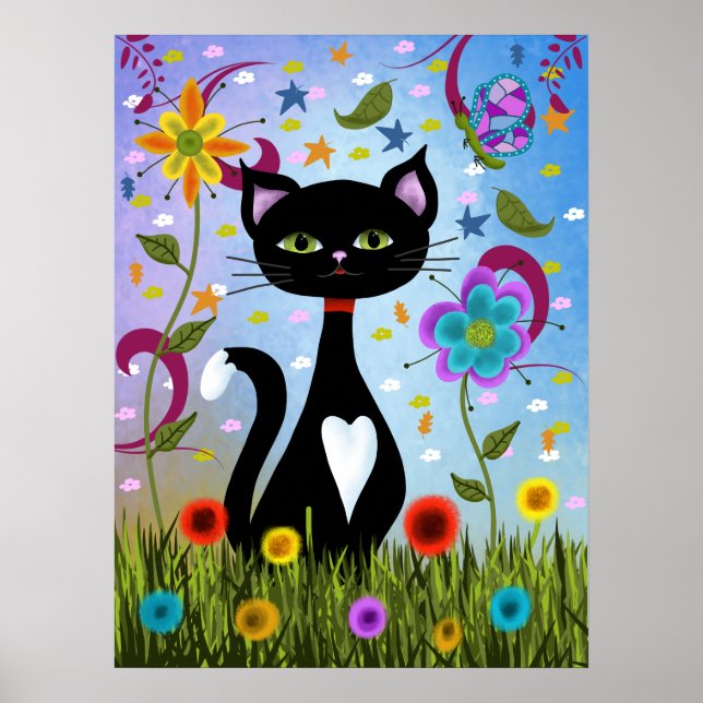 Tuxedo Cat Sitta i A Garden Poster (Framsidan)