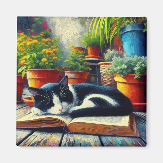 Tuxedo Cat Sleeping on a Bok Garden Painting Magnet (Framsidan)