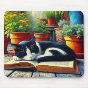 Tuxedo Cat Sleeping on a Bok Garden Painting Musmatta