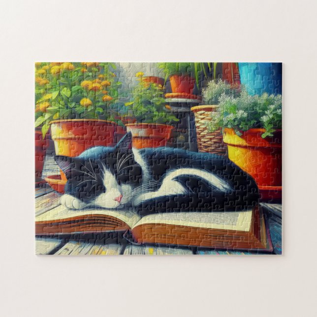 Tuxedo Cat Sleeping on a Bok Garden Painting Pussel (Horisontell)