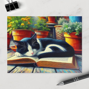 Tuxedo Cat Sleeping on a Bok Garden Painting Vykort