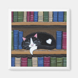 Tuxedo Cat Sleeping on Bookshelf Cat Art Magnet