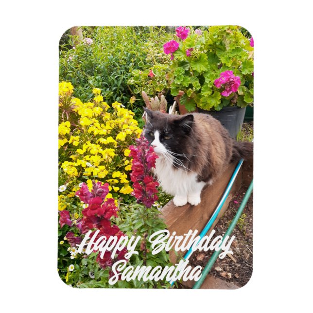 Tuxedo Cat Sniffing Flowers Cats Birthday Magnet (Vertikal)