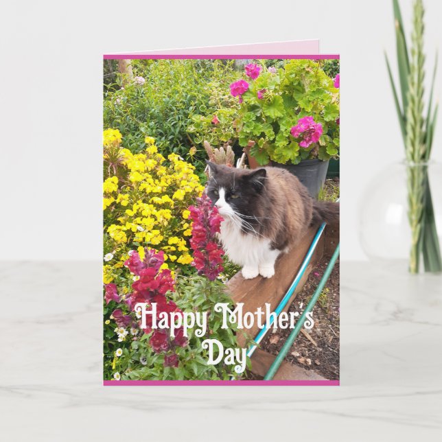 Tuxedo Cat Sniffing Flowers Funny Mors dag Card Kort (Framsida)