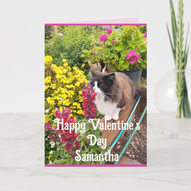 Tuxedo Cat Sniffing Flowers Funny Valentines Day Kort (Framsida)