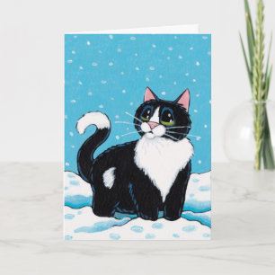 Tuxedo Cat stående knälusdjup i Snö-färg Helgkort