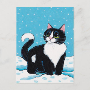 Tuxedo Cat stående knälusdjup i Snö-färg Vykort