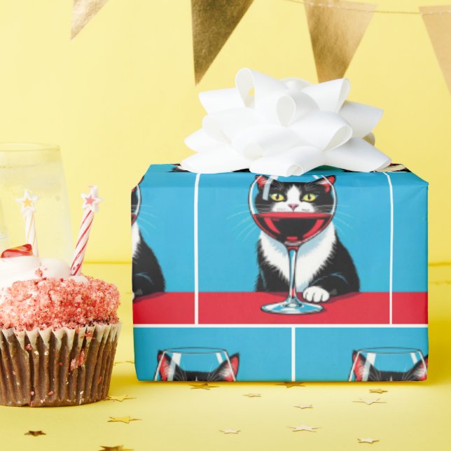 Tuxedo Cat Staring Through a Wine Glass Presentpapper (Födelsedagsfest)