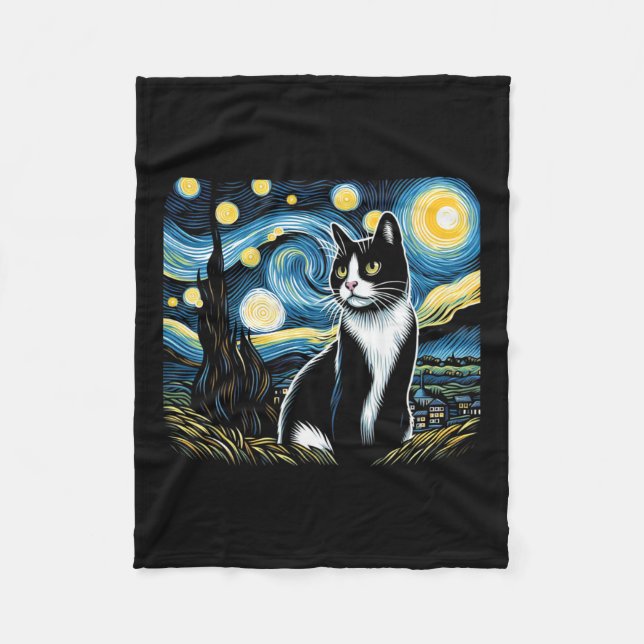 Tuxedo Cat Starry Night Painting Tuxedo Cat Owner Fleecefilt (Framsidan)