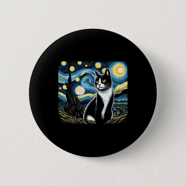 Tuxedo Cat Starry Night Painting Tuxedo Cat Owner Knapp (Framsida)