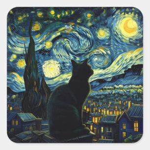Tuxedo Cat Starry Night Tuxedo Cat Owner Fyrkantigt Klistermärke