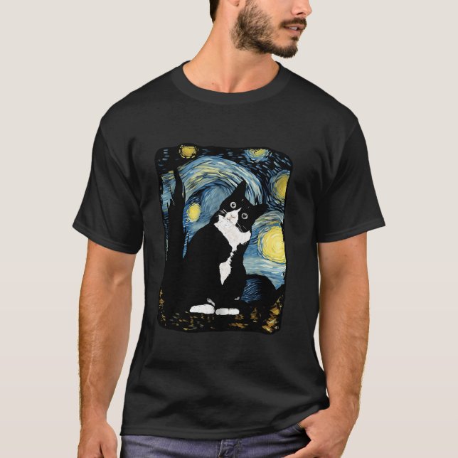 Tuxedo Cat Starry Night Van Gogh Cat Art Cat Cat T Shirt (Framsida)