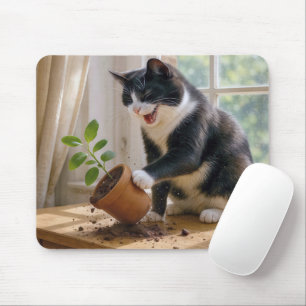 Tuxedo Cat Toppling a Poted House Plant Musmatta