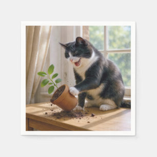 Tuxedo Cat Toppling a Poted House Plant Pappersservett