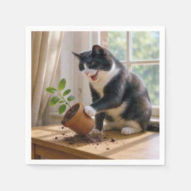 Tuxedo Cat Toppling a Poted House Plant Pappersservett (Framsidan)