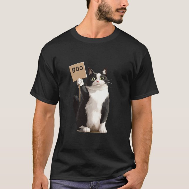 Tuxedo Cat Tshirt Halloween Costume Holding Boo Si T Shirt (Framsida)