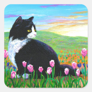Tuxedo Cat Tulips Creationarts Fyrkantigt Klistermärke