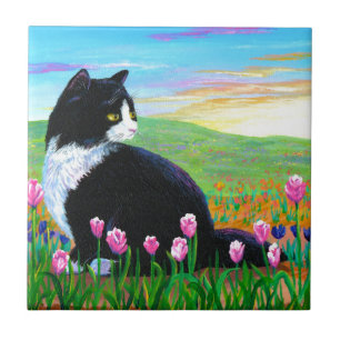 Tuxedo Cat Tulips Creationarts Kakelplatta