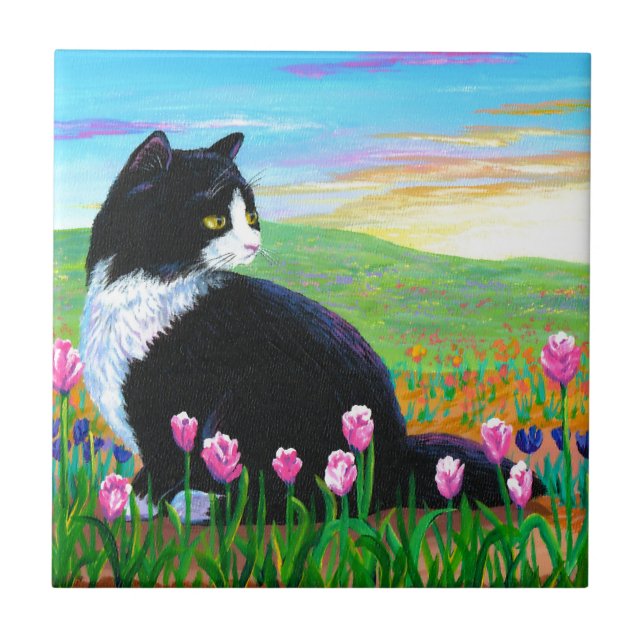Tuxedo Cat Tulips Creationarts Kakelplatta (Framsidan)