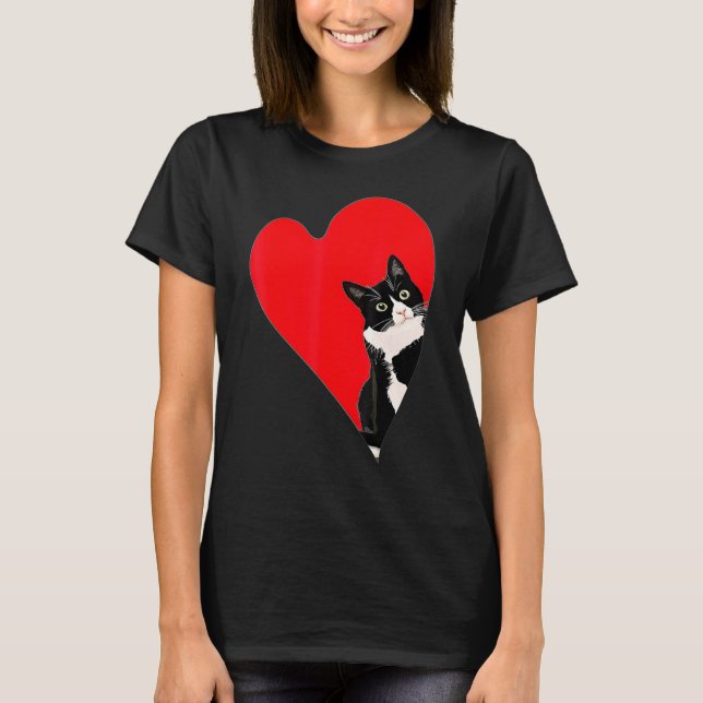 Tuxedo Cat Valentine Heart för Kitten och Animal T Shirt (Framsida)