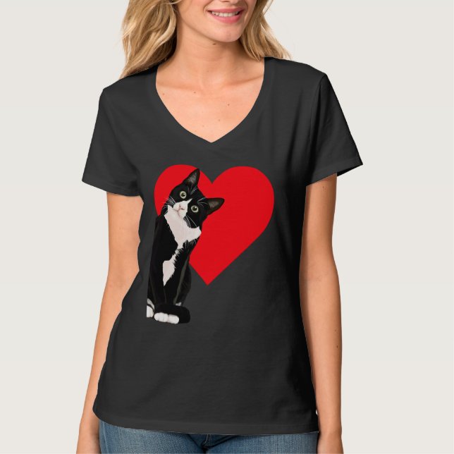 Tuxedo Cat Valentine's Day Heart Cat T Shirt (Framsida)