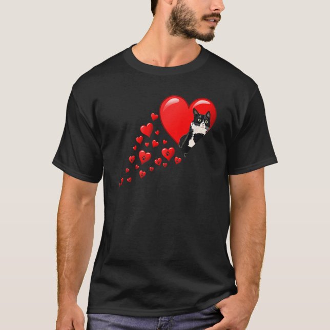Tuxedo Cat Valentines day Heart för Kitten och Ani T Shirt (Framsida)