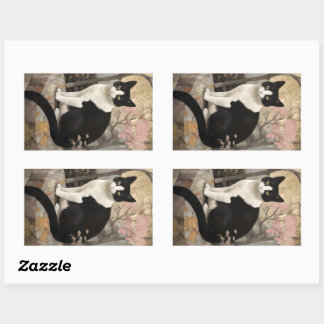 Tuxedo Cat vid Sten Sitta i en Garden Rektangulärt Klistermärke