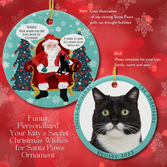 Tuxedo Cat Visits Santa med Superskoj Wish Julgransprydnad Keramik (Skapare uppladdad)