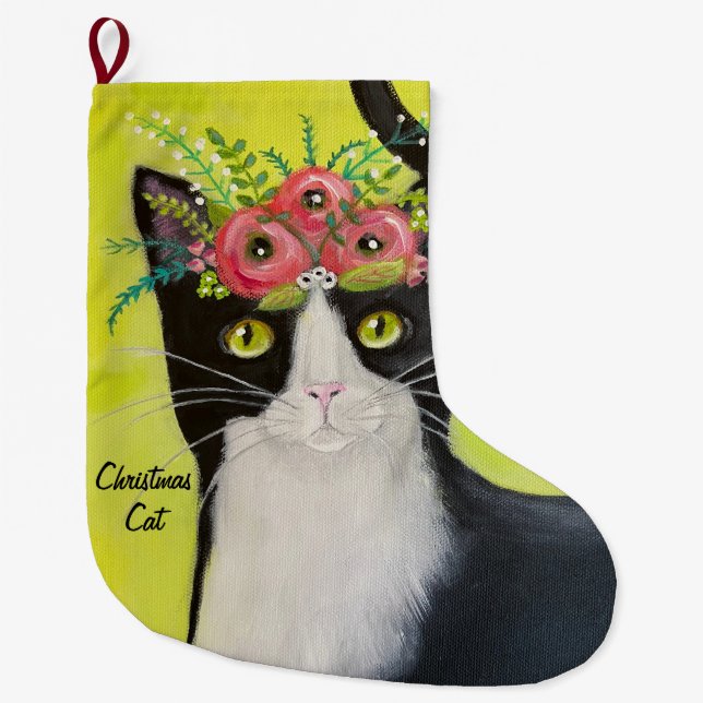 Tuxedo Cat Whimsical Art Stor Julstrumpa (Framsidan)