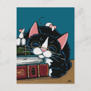 Tuxedo Cat & White Mice Bedtime Story Illustration Vykort