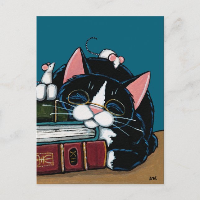 Tuxedo Cat & White Mice Bedtime Story Illustration Vykort (Framsida)