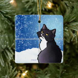Tuxedo Cat Window Ceramic Ornament