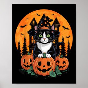 Tuxedo Cat Witch Hat Halloween Y Jack o lantern Pu Poster