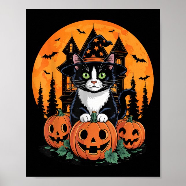 Tuxedo Cat Witch Hat Halloween Y Jack o lantern Pu Poster (Framsidan)