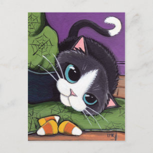 Tuxedo Cat Witches Hat & Candy corn Halloween Vykort