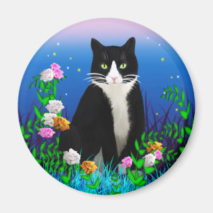 Tuxedo Cat with Flowers Magnet
