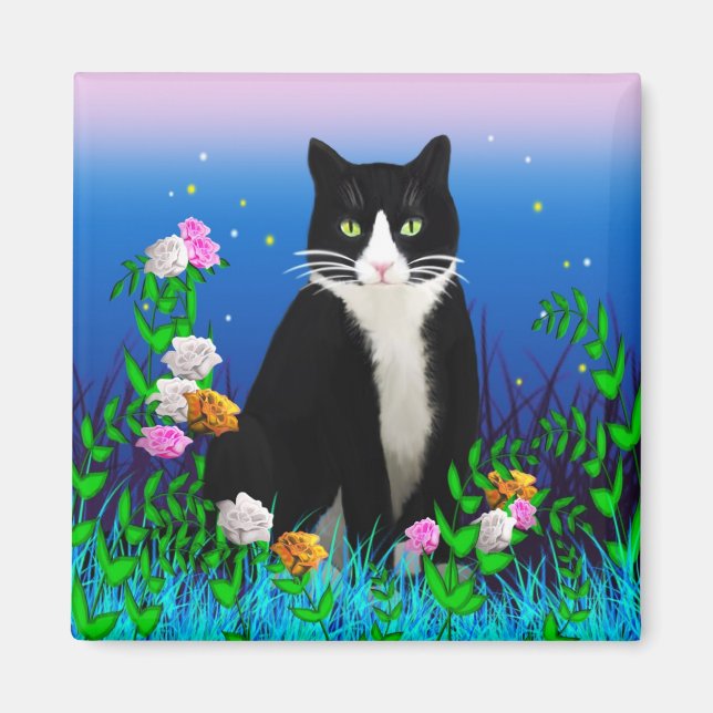 Tuxedo Cat with Flowers Magnet (Framsidan)