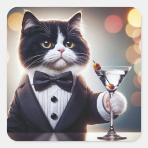 Tuxedo Cat with Martini Cocktail Fyrkantigt Klistermärke