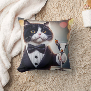 Tuxedo Cat with Martini Cocktail Kudde