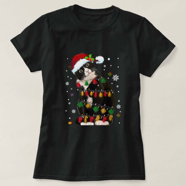 Tuxedo Cat with Santa Hat Funny jul Ljus T Shirt (Design framsida)