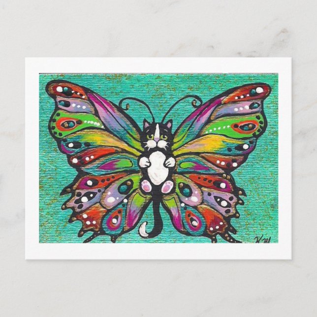 Tuxedo Catterfly Cat/Butterfly Whimsical Fantasy! Vykort (Framsida)