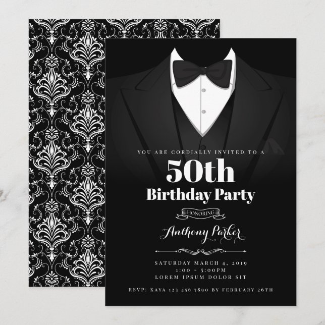 Tuxedo-inbjudan på födelsedagen inbjudningar (Fram/baksida)