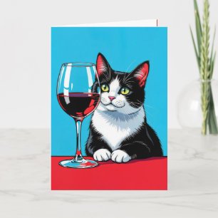 Tuxedo-katt från födelsedagen med röd Vin Kort