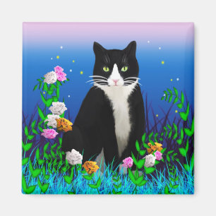 Tuxedo-katt med blommor magnet
