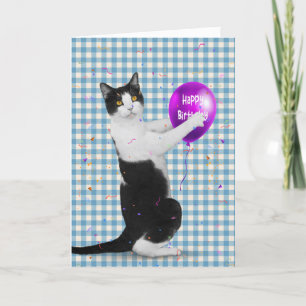 Tuxedo-katt med födelsedagsbatong kort