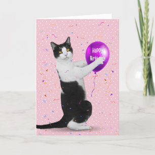 Tuxedo-katt med födelsedagsbatong kort