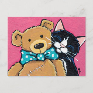 Tuxedo-katt och Nalle med Bow Tie Vykort
