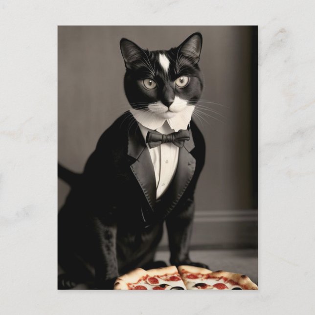 Tuxedo-katt och pizza vykort (Framsida)
