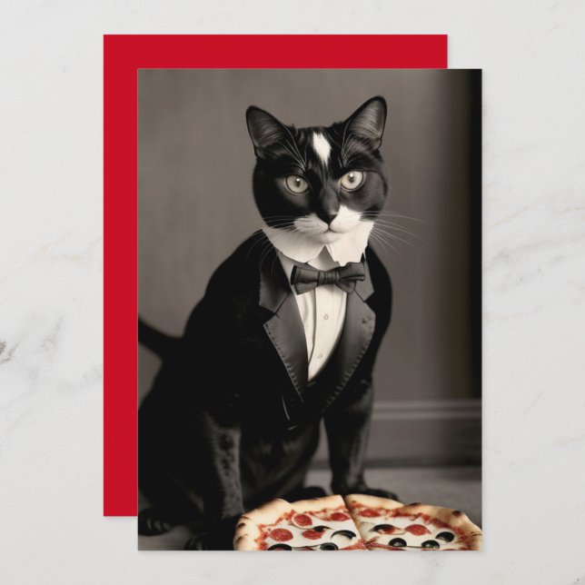 Tuxedo-katt- och pizzainbjudan inbjudningar (Fram/baksida)